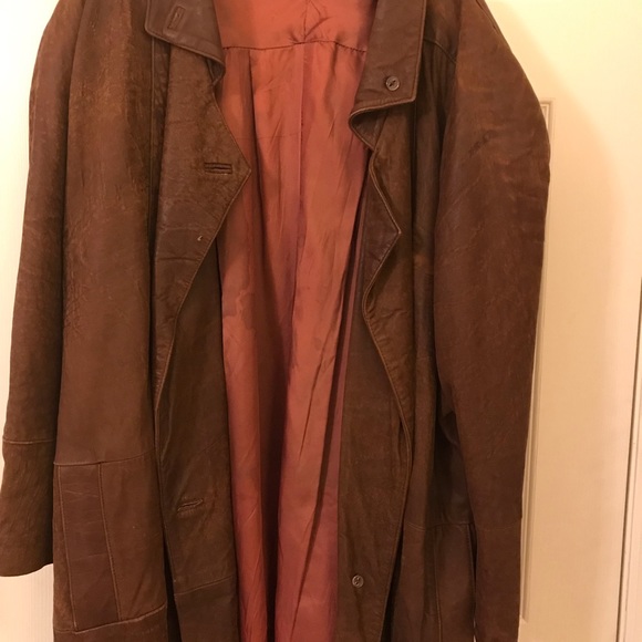 Womens 80s Vintage Long Brown Genuine Leather Coat - Picture 7 of 16